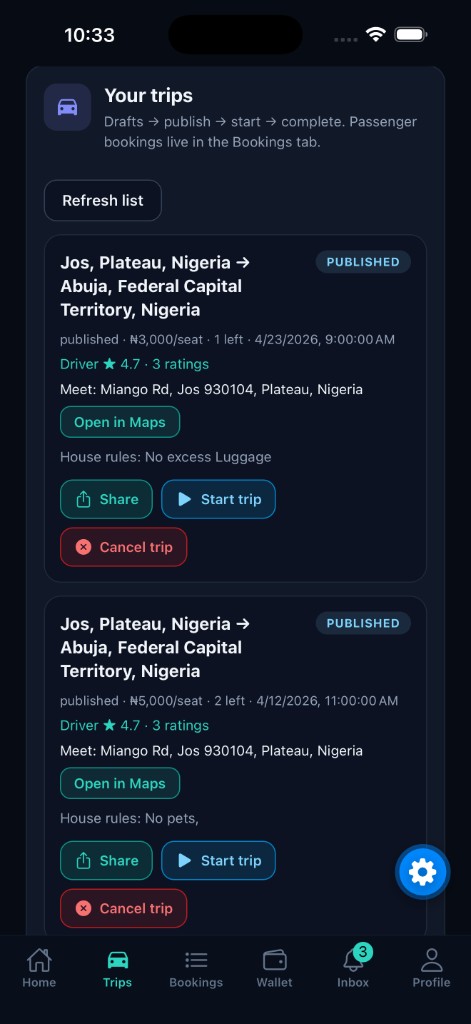 Lift driver trips list: published and completed trips with routes and pricing
