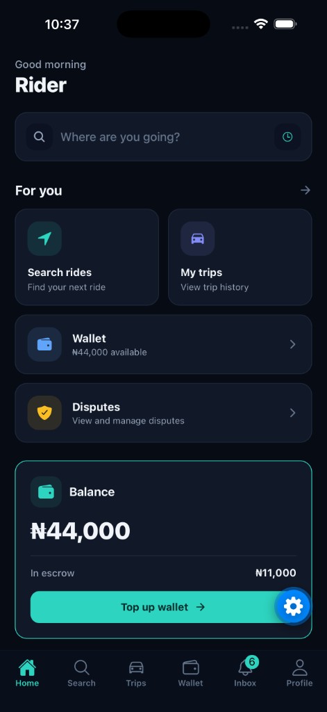 Lift rider home: wallet summary, escrow balance, search rides and trips